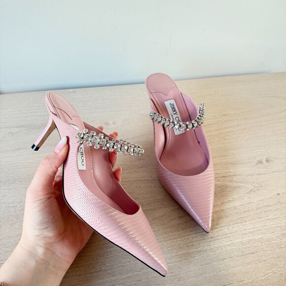 Jimmy Choo Bing 65 Mules Pink Lizard Crystal Embellished Pointed Toe Sz 37 - Picture 4 of 13